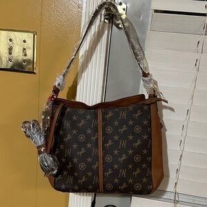 Montana West Brown Monogram Shoulder Bag with Tan Trim